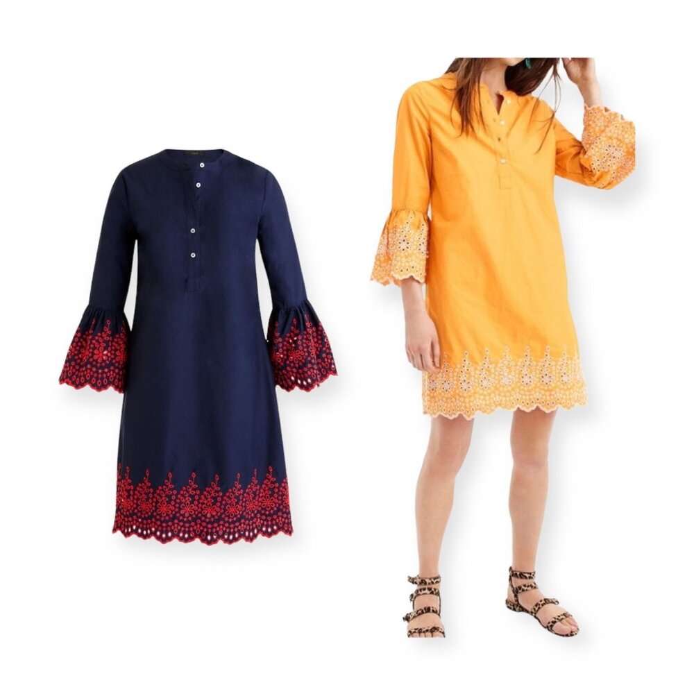 J. Crew Eyelet Bell Sleeve Navy Cotton Dress, Size XS, Embroideries